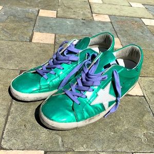 GoldenGoose Green w Purple Laces Sneakers